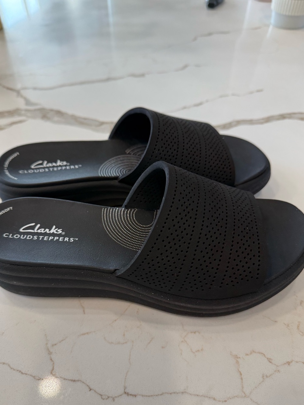 Clarks Black Perforated Slide Sandals for Women